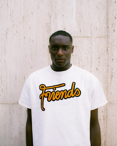 Oversized Friends Logo T-Shirt on body, portrait of man wearing