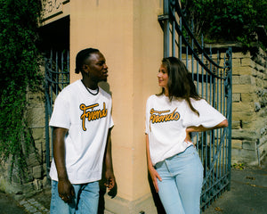 Oversized Friends Logo T-Shirt on body, portrait of man and woman wearing, lifestyle