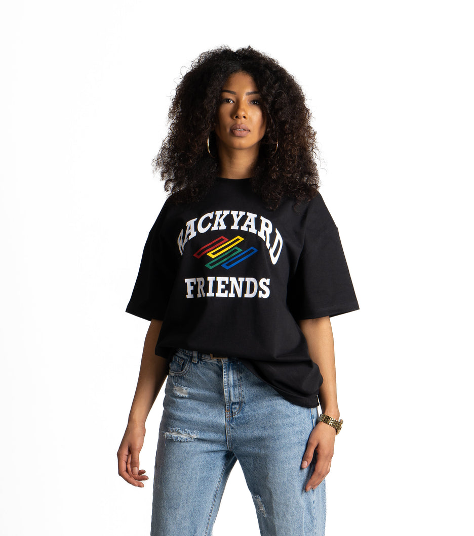 Oversized College Logo T-Shirt on body, woman wearing in studio